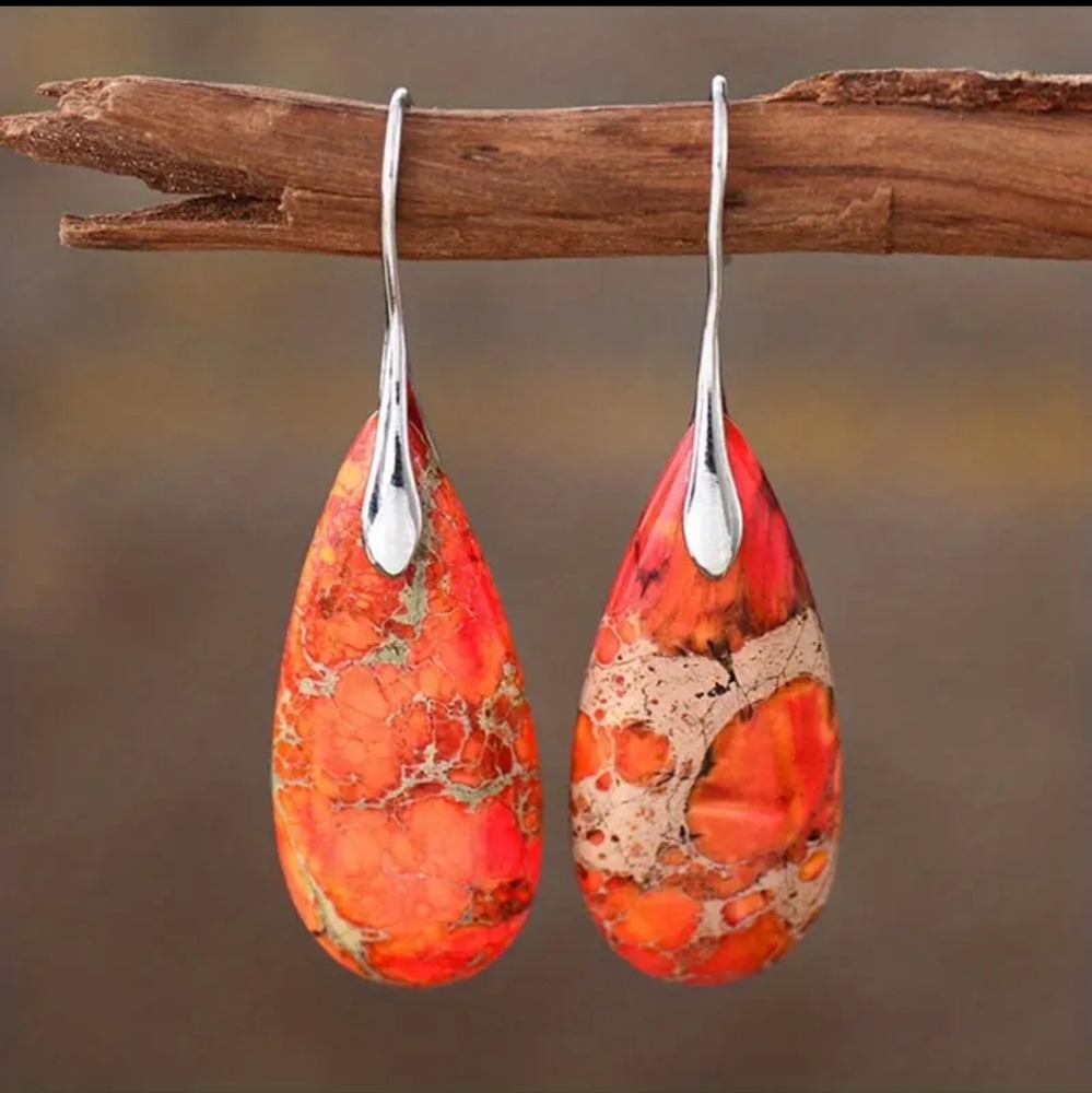 Beautiful Orange Jasper Drop Earrings With 925 Silver Plated Ear Hook.